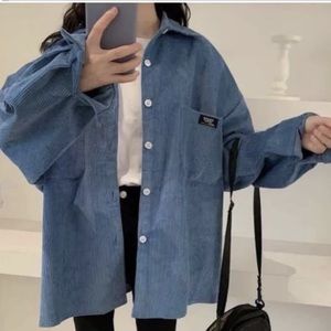 Corduroy shirt blue womens top button collar shirt